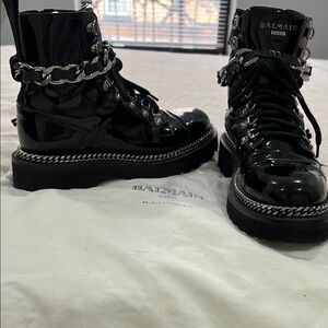 Balmain Black Patent Leather Combat Boots